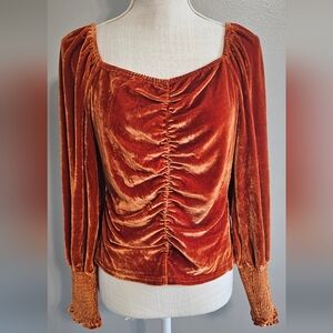 Rust Velvet Ruched Long Sleeve Top